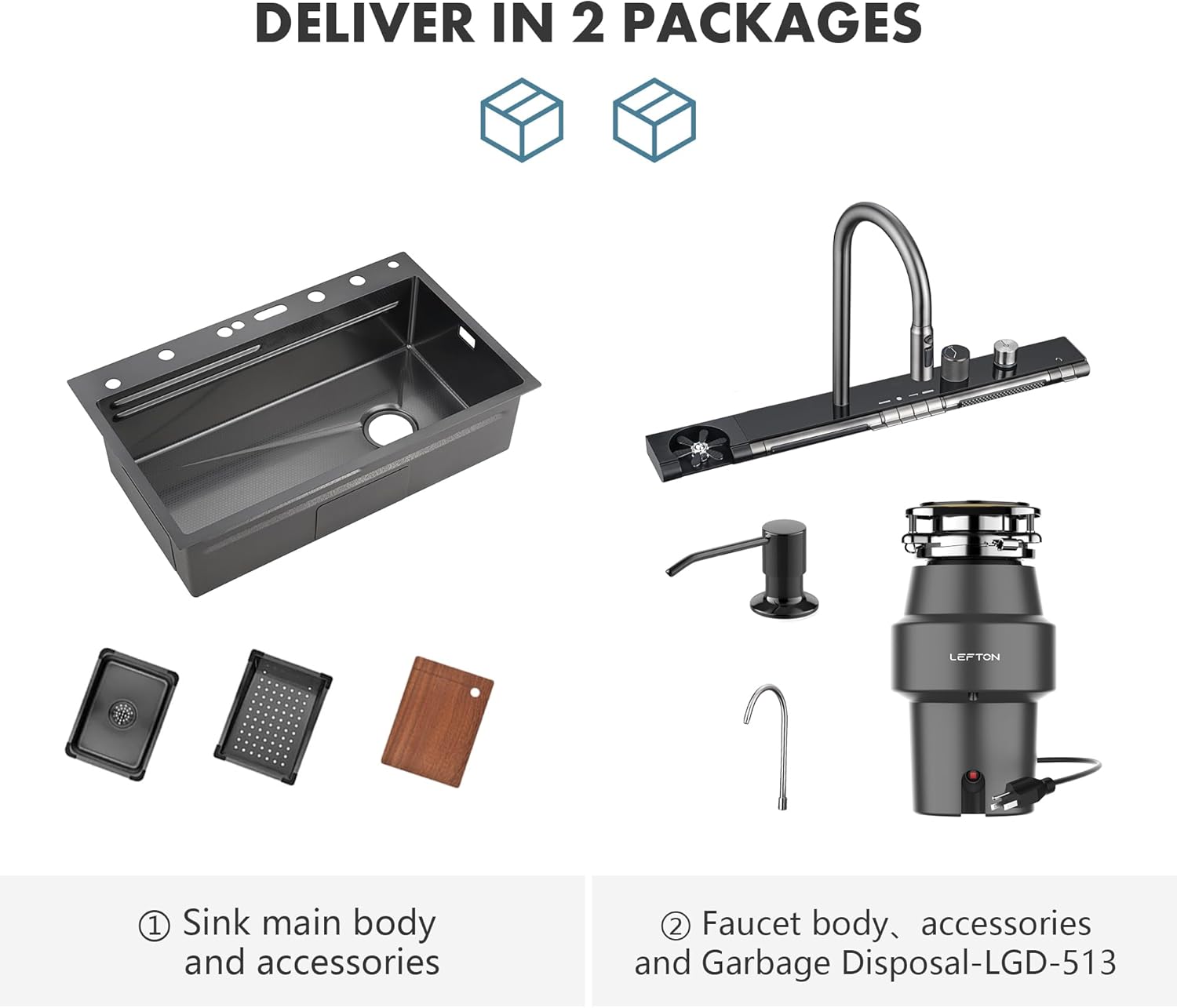 Lefton 33"x22" Single Bowl Stainless Steel Kitchen Sink KS2207L with 1/2 HP Continuous Feed Garbage Disposal LGD-513