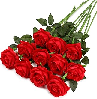 Red Fake Roses Artificial Flowers - 10 Pcs Fake Artificial Roses Silk Flowers with Stems for Home Wedding Hotel Office Centerpiece Decor