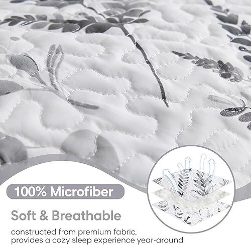 Miniatura 4 de JSD Juego de edredón floral gris y blanco tamaño matrimonial Queen, colcha estampada de 3 piezas con funda de almohada, manta acolchada de