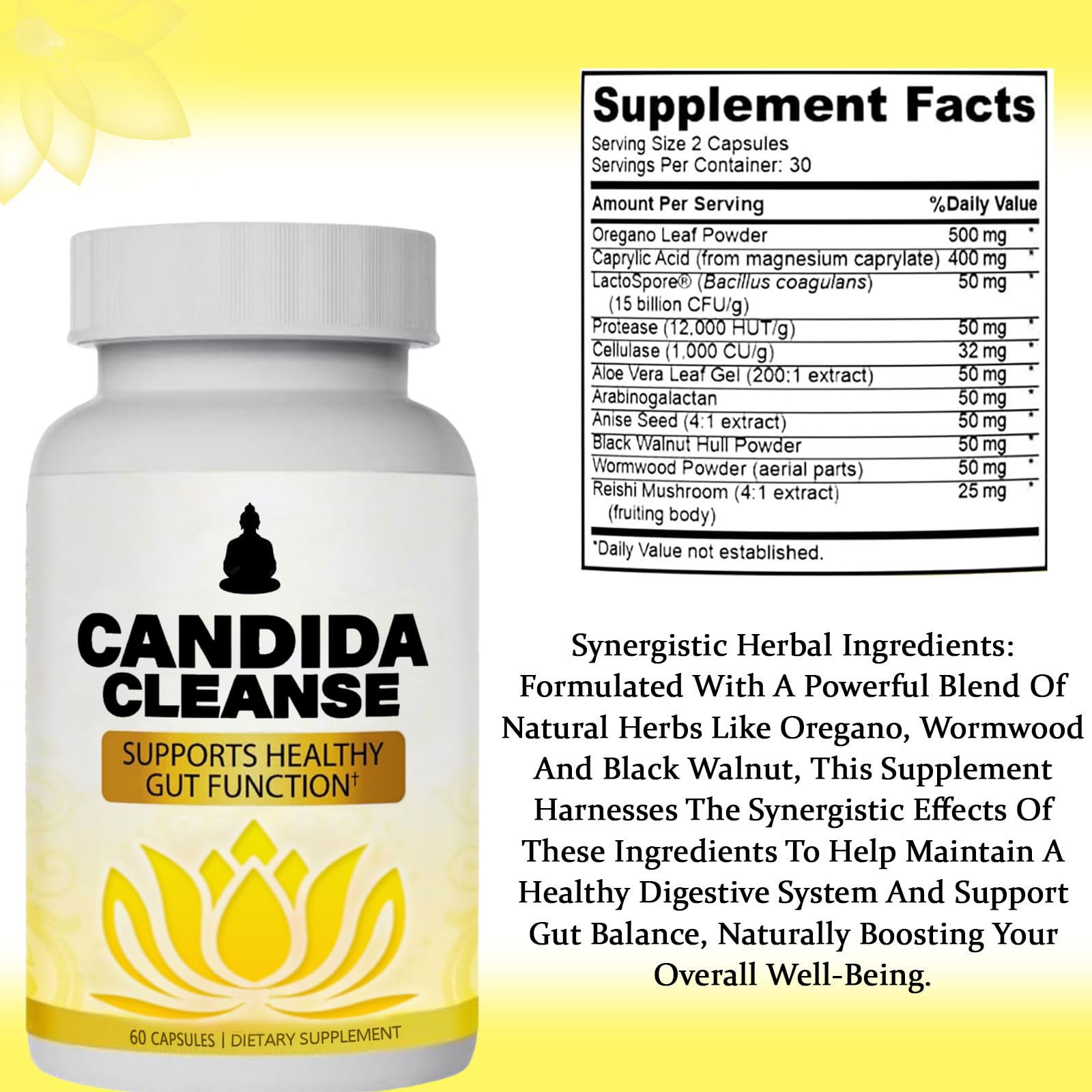 Candida Cleanse - Gut & Colon Support, Advanced Probiotic & Herbal Formula, Natural Herbal Formula, Oregano Leaf, Wormwood, Black Walnut, Caprylic Acid-1 for Men & Women, 60 Capsules — Amazon image 2