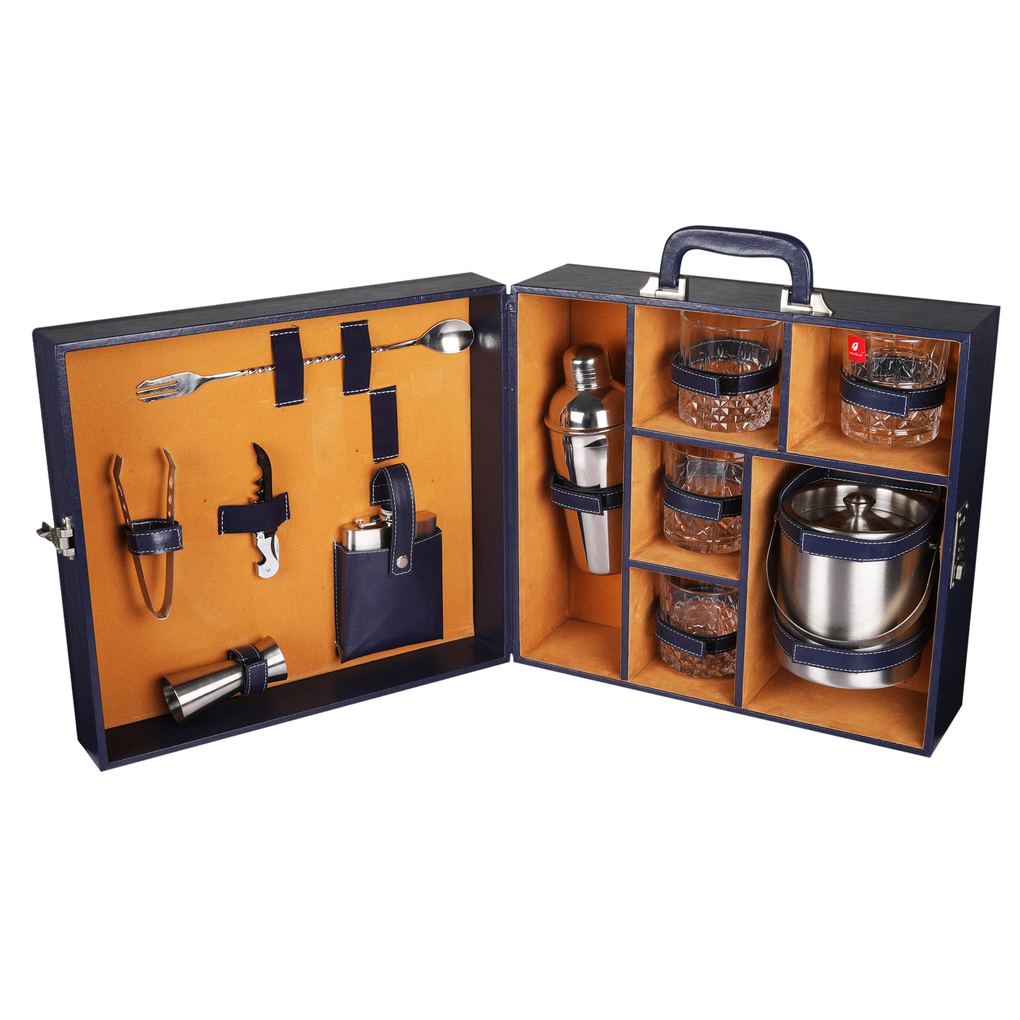 anything & everything portable leatherette bar set with ice bucket | wine and whisky case | wooden accessories for picnic (04 whisky glasses) (blue & beige)