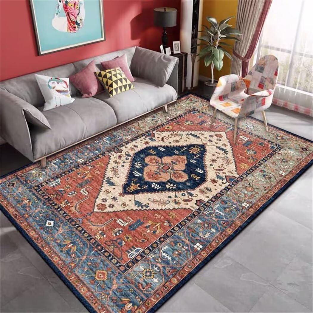 Tapis de salon bleu 80x160cm floral rétro antidérapant et doux