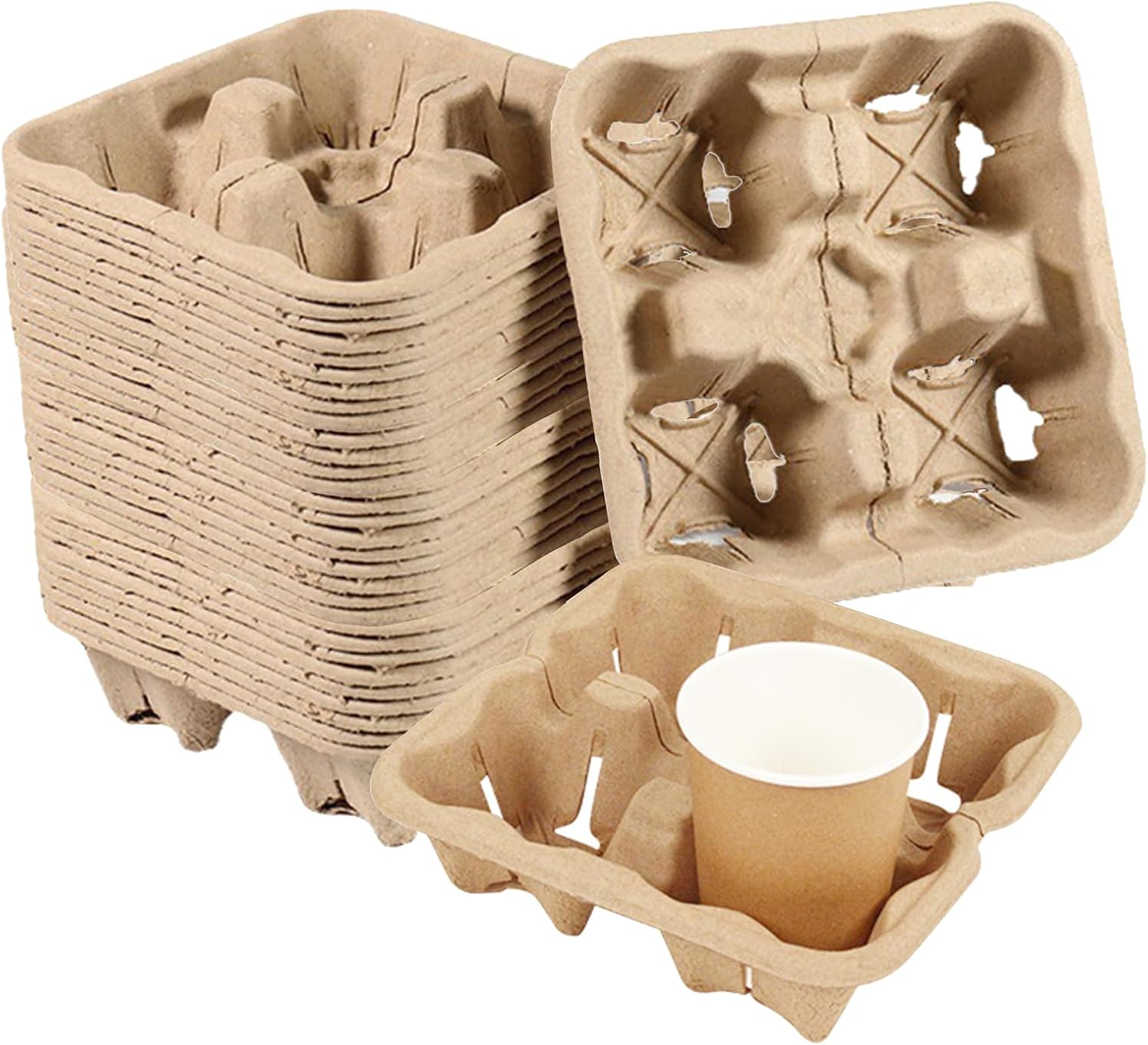 50 Pack 4 Cup Disposable Coffee Tray, Biodegradable and Compostable Cup Holder, Portable Drink Carrier Trays for Hot & Cold Drinks, to Go Coffee Cup Holder for Food Delivery Service Takeout