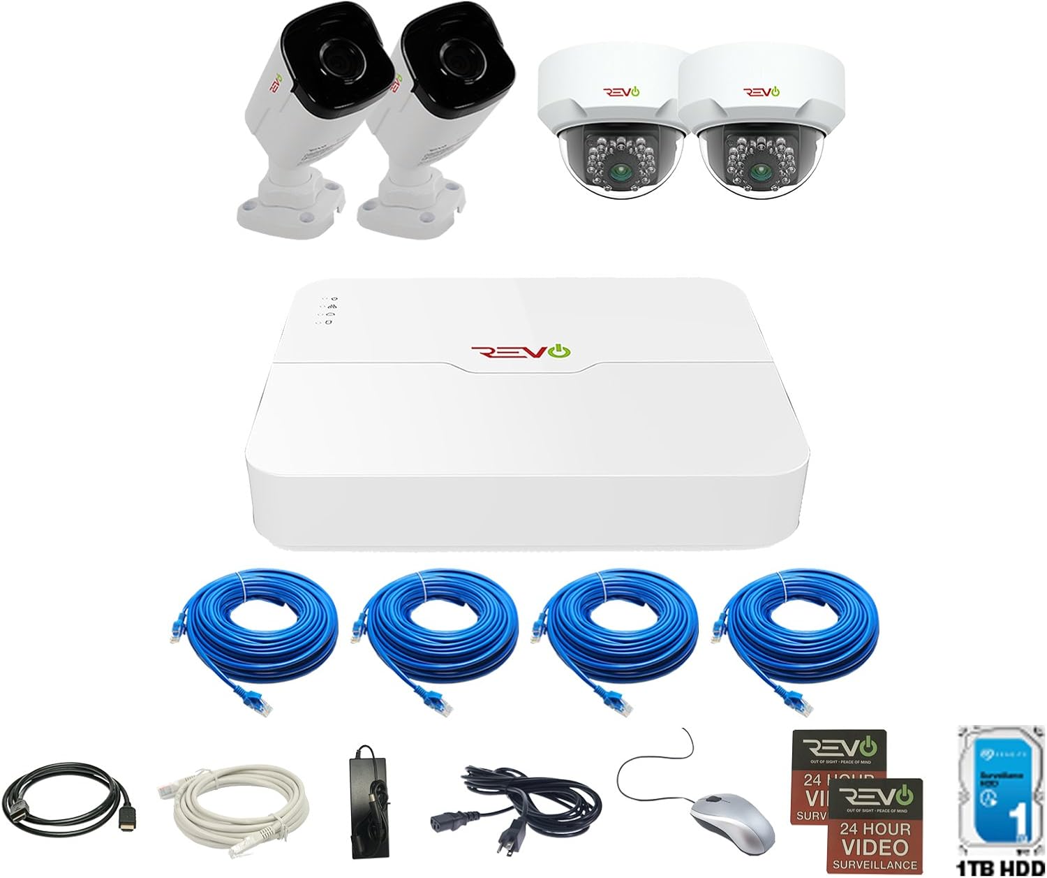 Revo America Ultra 4Ch. 1TB HDD 4K IP NVR Security System - Fixed Lens 2 x 4MP IP Bullet Cameras & 2 x 4MP Dome Camera - Remote Access via Smart Phone, Tablet, PC & MAC