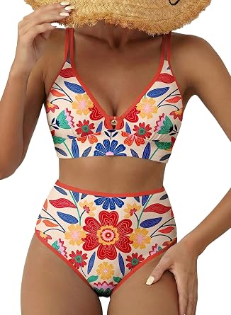 Herseas Womens High Waisted Bikini Set Floral Print V Neck Stitch Swimsuits