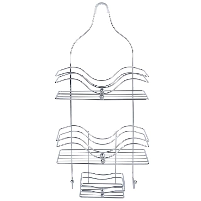 3-Tier Chrome Metal Shower Caddy Ocean Wave Design with 2 Hooks Rust Resistant Bathroom Organizer 11 5 x