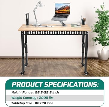 OLBRUS 48 Adjustable Wheels Workbench, Heavy Duty 2000 LBS Load Capacity Hardwood Workbench Suitable for Workshop, Office, Garage, Home (Metal Wheels丨No Power Outlets 48x24)