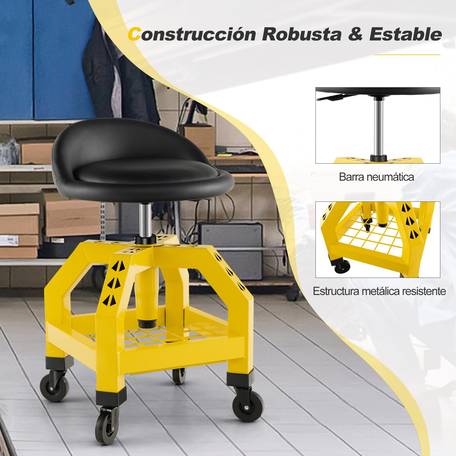 GOPLUS Taburete de Taller con Ruedas, 67-80 cm Altura Ajustable, Taburete Mecánico con Bandeja para Herramientas y 4 Ruedas Universales, Carga 150 kg, Asiento Giratorio para Garaje Taller (Amarillo)