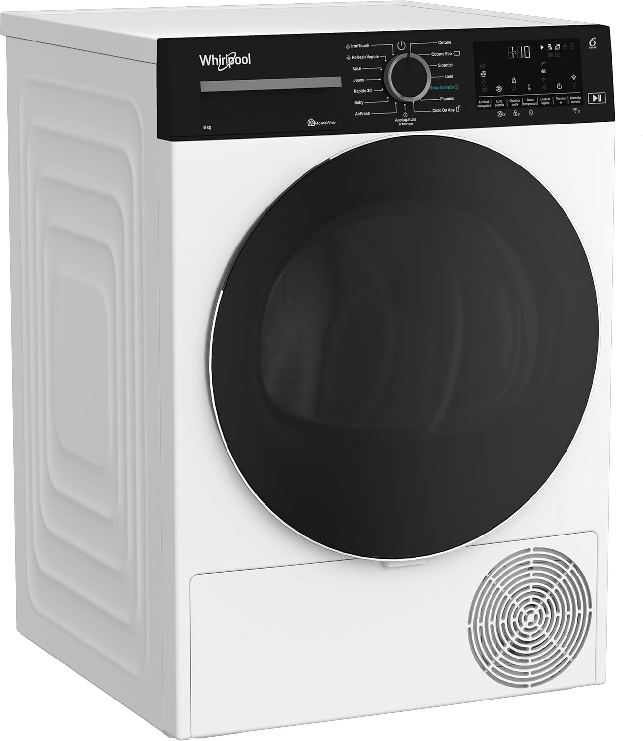 En ángulo view of the Whirlpool C WD 94M WBS IT dryer, showing its side profile and front door
