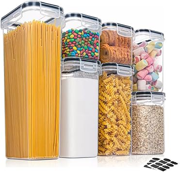 Airtight Food Storage Containers Set [7 Pc] - Kitchen Pantry Organization and Storage, Plastic Canisters with Durable Lids Ideal for Cereal, Flour & Sugar - Includes 10 Labels