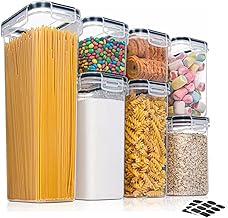 Airtight Food Storage Containers Set [7 Pc] - Kitchen Pantry Organization and Storage, Plastic Canisters with Durable Lids Ideal for Cereal, Flour & Sugar - Includes 10 Labels