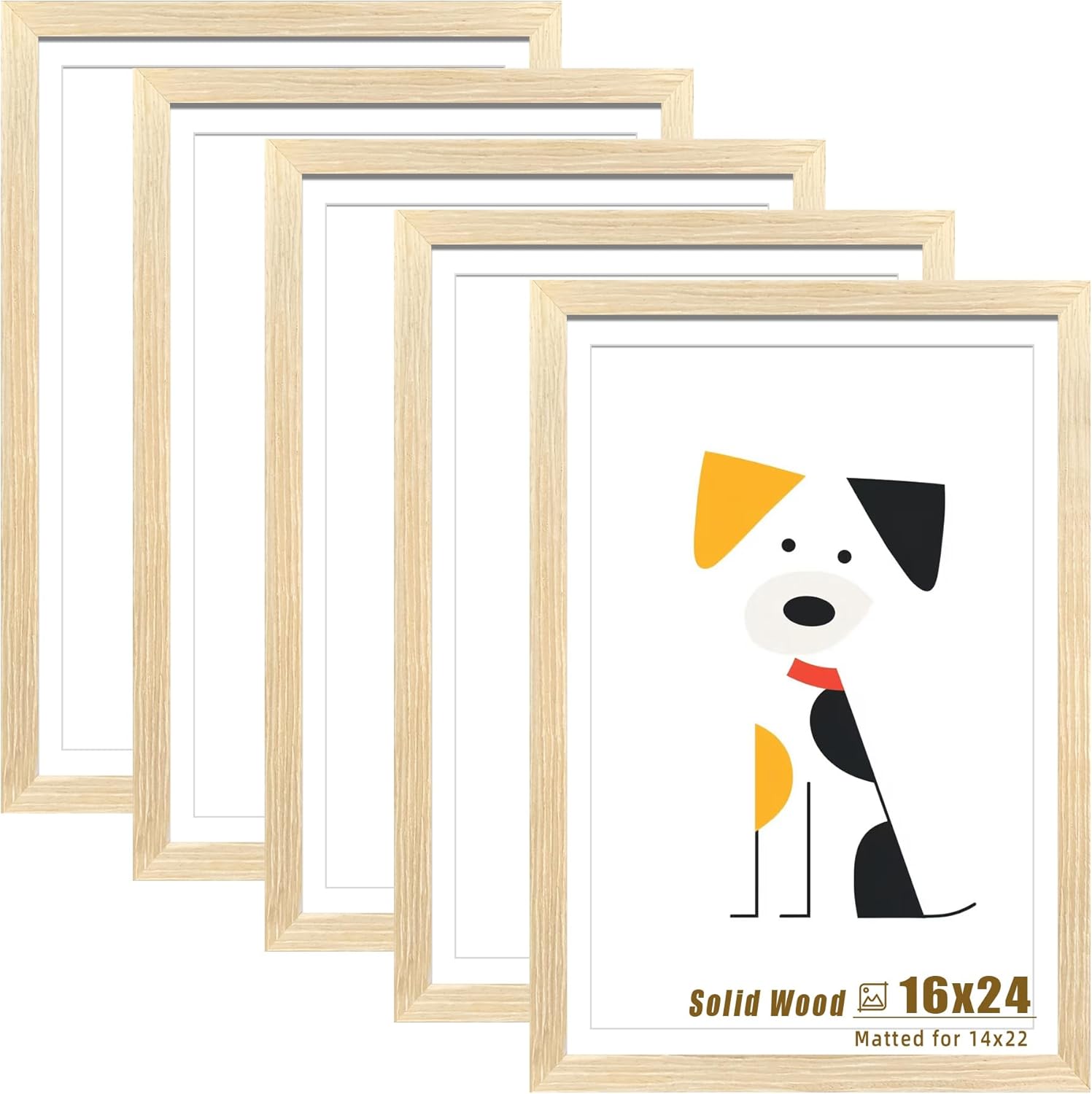 LUCKYLIFE 16x24 Picture Frame Solid Natural Wood, Display 14x22 photo with Mat or 16x24 without Mat for Wall Hanging, Set of 5