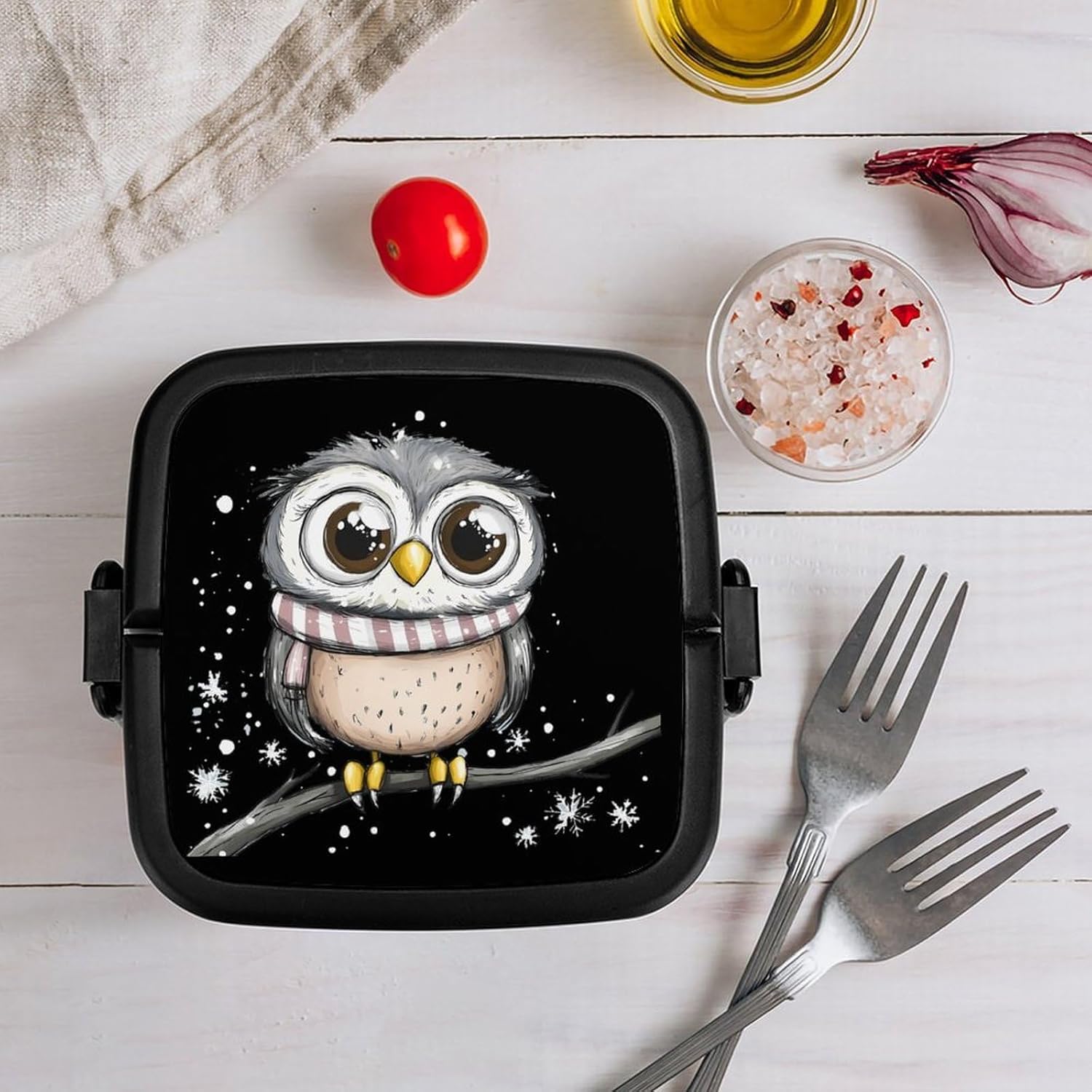 Cute Owl Standing on A Branch Bento Box with Spoon 2 Layer Food Container Cute Lunch Box for Travel Dining Work