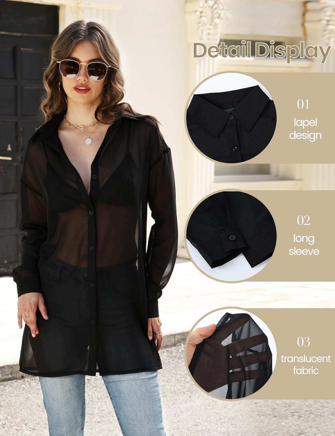 Gihuo Womens Sheer Blouse Mesh Button Down Shirts Long Sleeve Sexy See Through Tops - Image 6