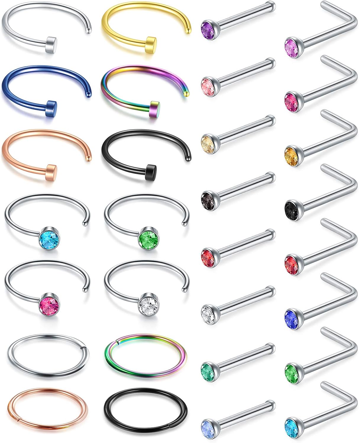 18g 20g 22g Nose Rings Surgical Steel Nose Ring Nose Rings Hoops Studs Diamond Nose Nostril Piercing Jewelry for Women Men Silver Black Gold Rose Gold