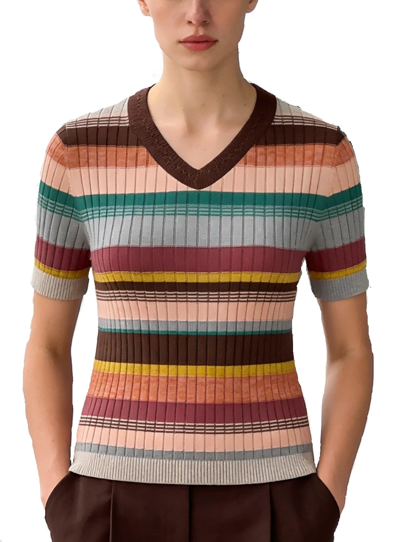 DAIMIDY Womens Short Sleeve V Neck Sweaters Casual Summer Sweater Lightweight Knit Pullover Tops