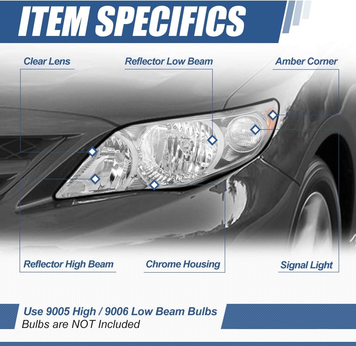 Auto Dynasty Headlights Assembly Compatible with 2009 2010 Toyota Corolla Sedan, Driver and Passenger Side Halogen Headlamps Replacement, OE Style, Chrome Housing Amber Corner