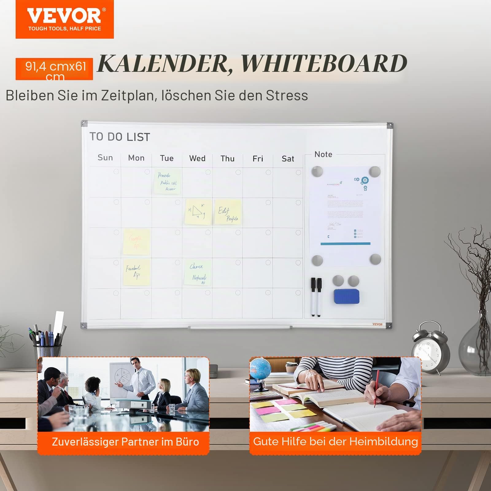 VEVOR Kalender Whiteboard Beschreibbare Magnettafel 915 x 610 mm, Memoboard inkl. 2 Stifte +6 Magnete + 1 Löscher