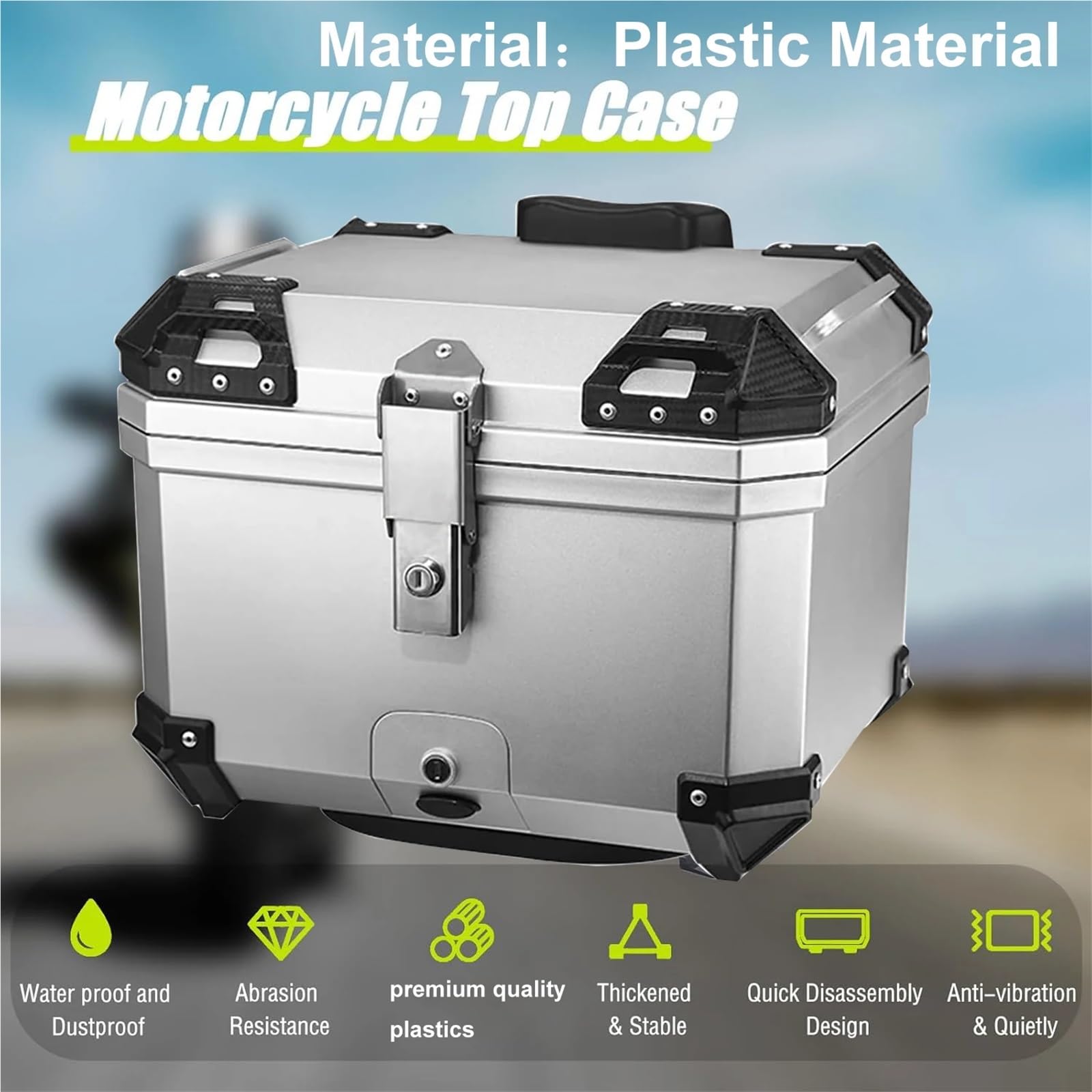 Motocicleta Top Case Caja Universal de plástico para Casco de Motocicleta de 45 l, Resistente al Agua y con absorción de Impactos, con 2 Llaves. Caja de Cola Motocicleta(45L Silver Box)