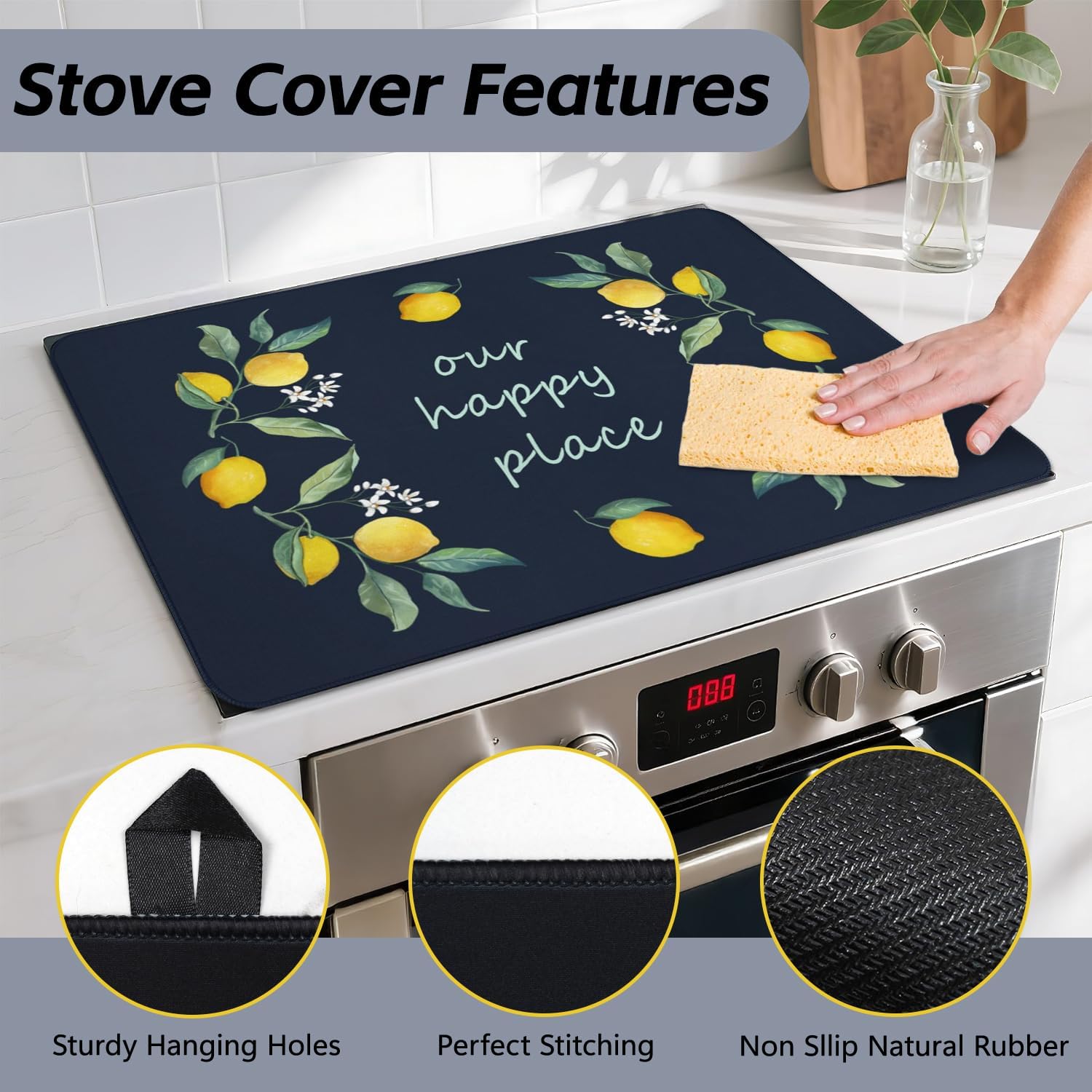 Spring Stove Top Cover for Electric Stoves,Happy lemon Glass Stove Top Cover,Heat Resistant Cooktop Protector Mat,Non-Slip Washable Dish Drying Mat,Spring Summer Kitchen Decor,28"x20"
