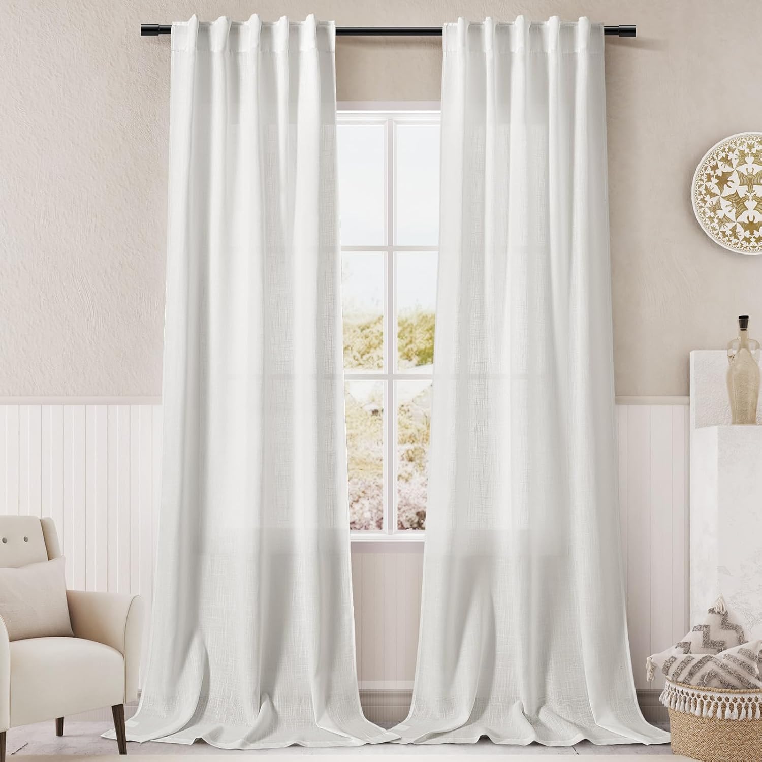 Off White Linen Curtains 84 inches Long for Bedroom Back Tab Light Filtering Privacy Sheer Curtains Modern Farmhouse Coastal Decor White Cotton Textured Gauze Curtain for Living Room 2 Panel Set