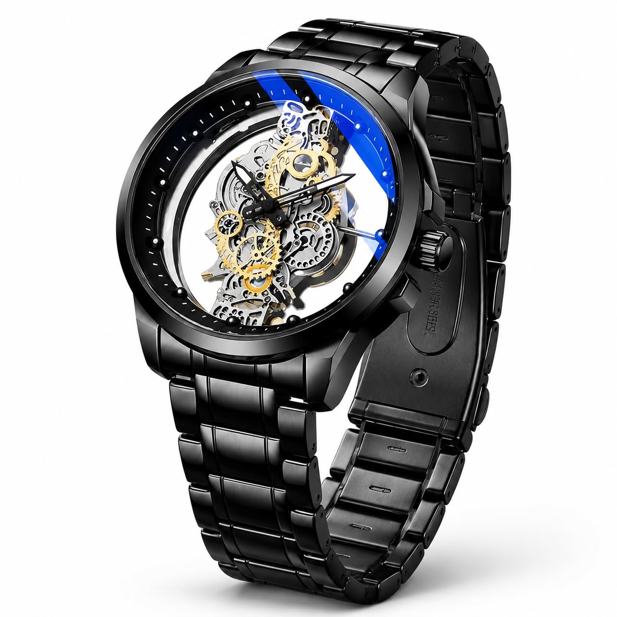 Men's Automatic Skeleton Watch with Black Stainless Steel Bracelet-image-16