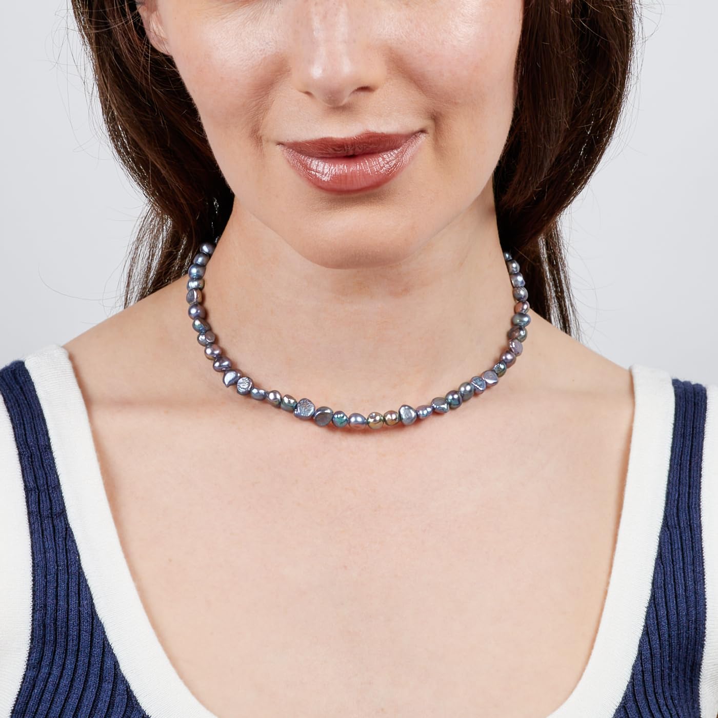 Collier de perles fait main pour femmes Perle baroque 7mm - Longueur du collier : 39.5cm + 5cm de rallonge (Noir)