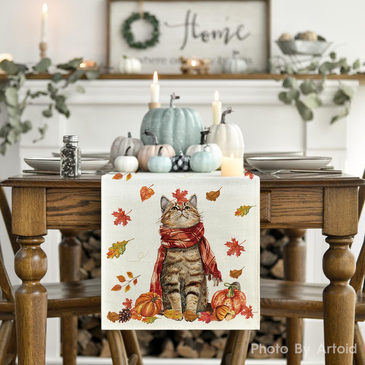 Chemin De Table Décoratif Automne - Motif Citrouilles Et Feuilles - 40x140 Cm - Polyester Lavable