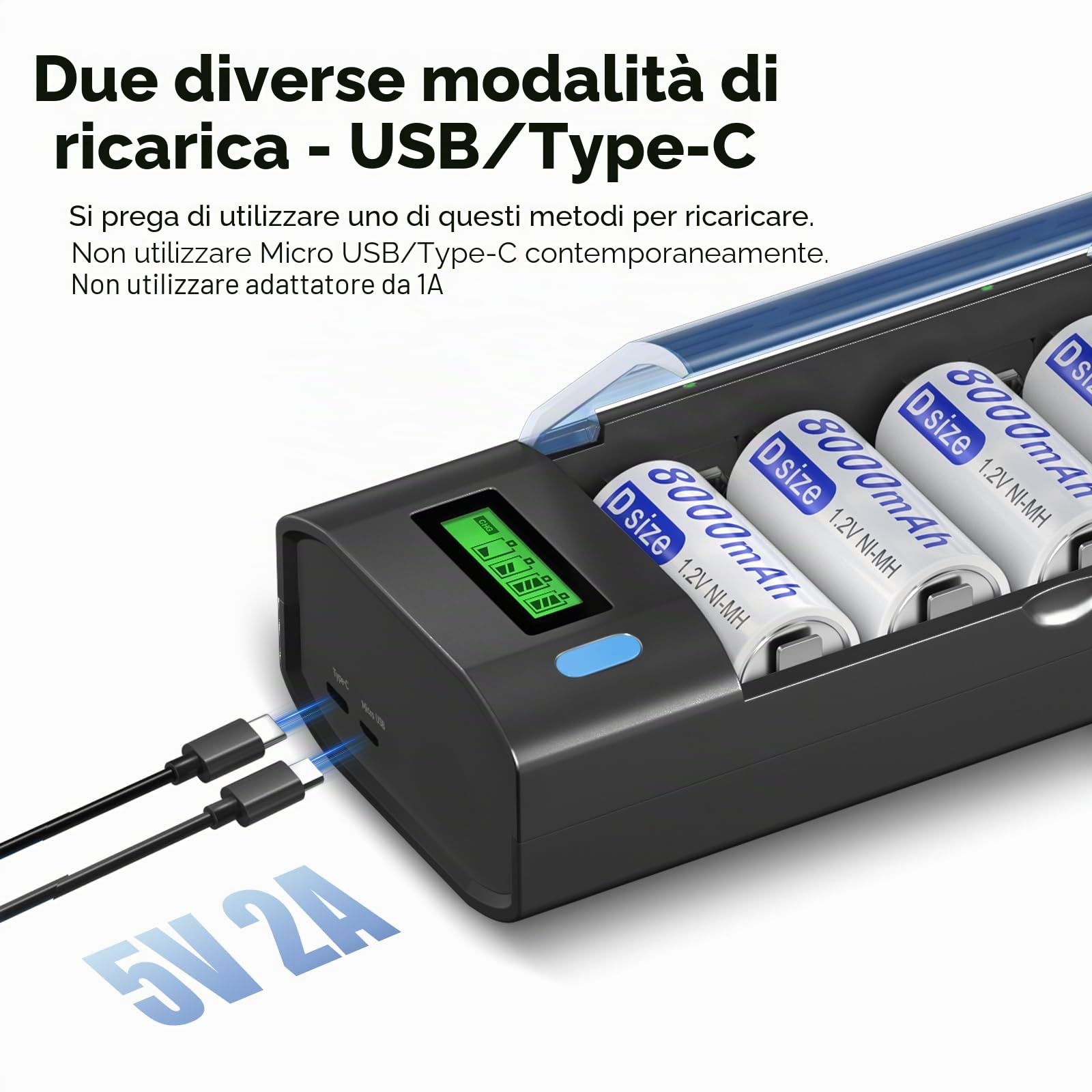 Caricabatterie AA AAA C D 9 V – Caricatore Universale per Batterie AA AAA C D 9 V NiMH NiCD, Funzione di Scarica e Display LCD Ricarica Rapida (Micro USB o tipo C)