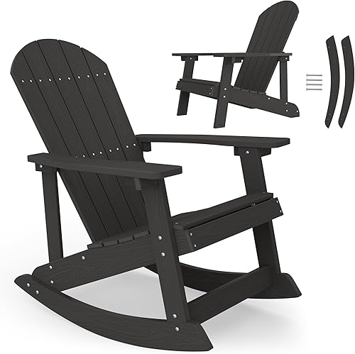 YEFU Mecedora para exteriores, mecedora Adirondack, silla mecedora de patio con respaldo ancho, silla mecedora de gran tamaño con aspecto de madera