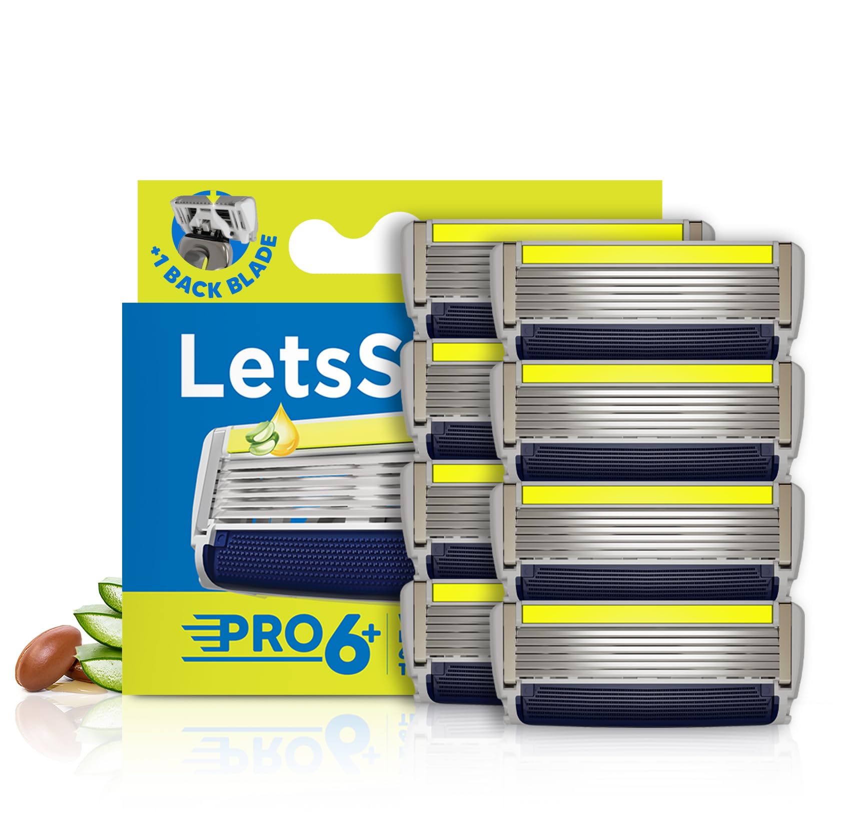 LetsShave Pro 6 Plus Manual Shaving Razor Blades Refills (Cartridge), Pack of 8, World's First 6-Blade & Precison Back Blade with Argan Oil & Aloe Vera Infused Moisture Bar, Blades for Men