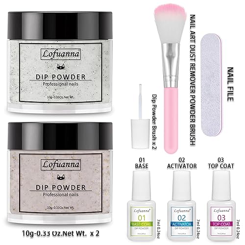 Miniatura 9 de Lofuanna Kit de iniciación de uñas en polvo de inmersión, 2 colores con activador de capa base, no necesita UVLED, 9 piezas de manicura francesa