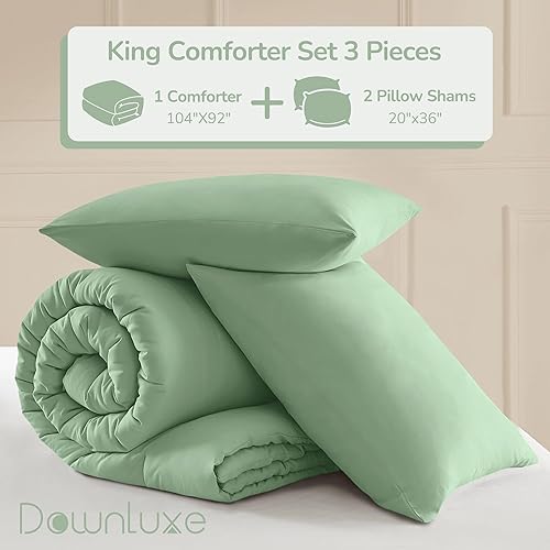 Miniatura 7 de downluxe Juego de edredón de tamaño King, color verde salvia, juego de edredón ligero y liso, juego de edredón suave y cálido para todas las
