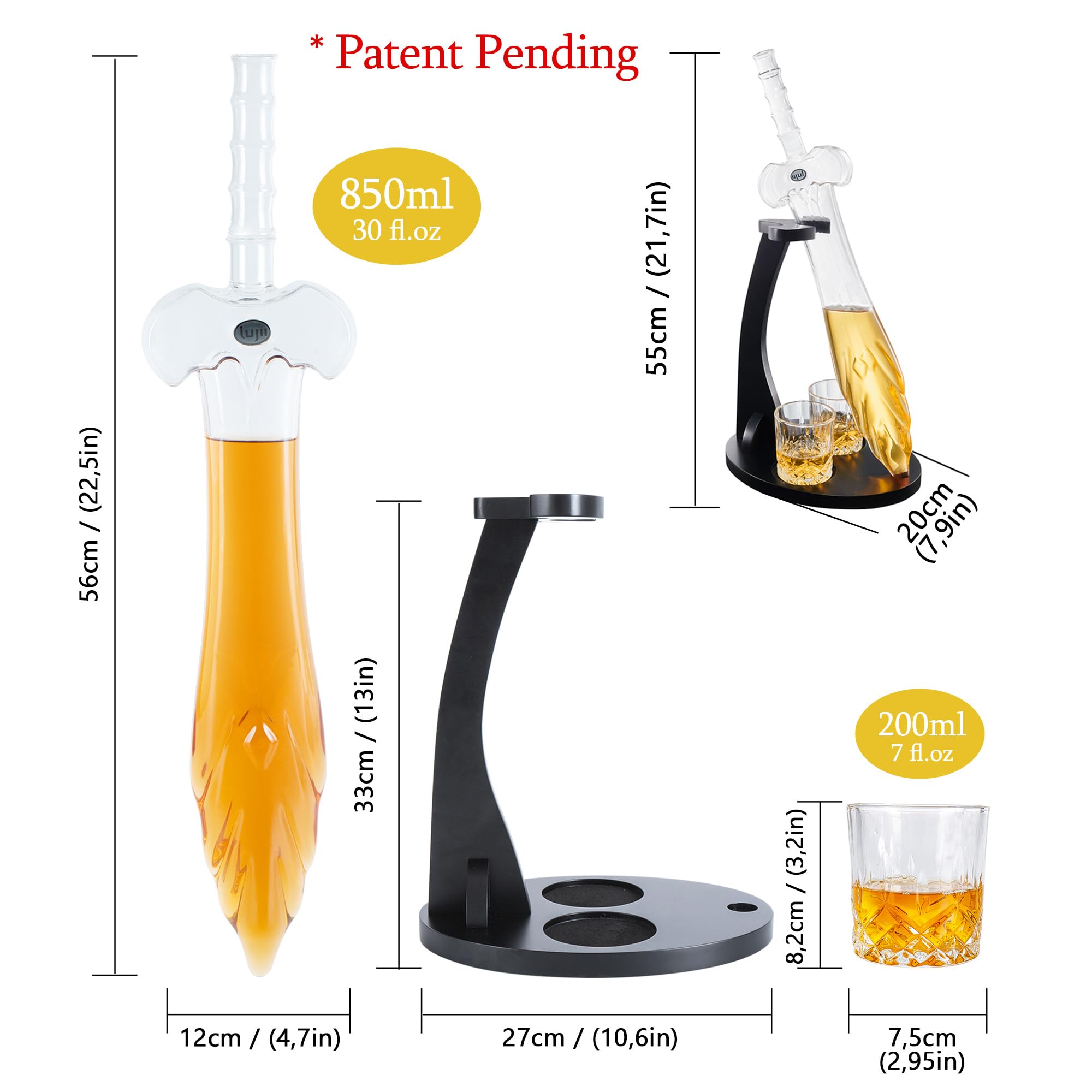 LUJII Heroisches Schwert Whisky Karaffe für Echte Männer, Whiskey Geschenkset mit 2 Gläsern und Holztablett, Personalisierte Geburtstag Hochzeitstag Geschenke für Papa, Ehemann, Freund, Sohn, 850ml