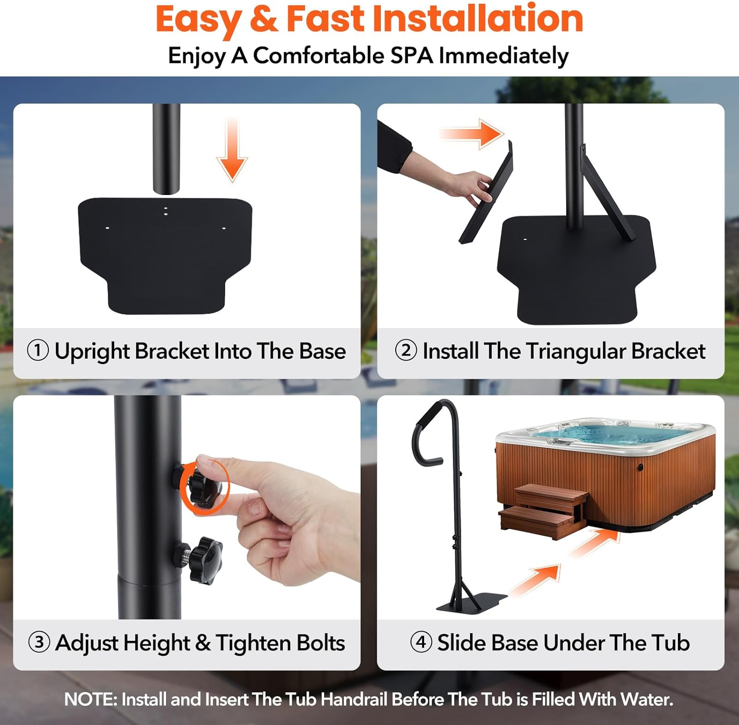 Garvee Hot Tub Handrail, 360° Rotatable Spa Side Handrail with 35"～57 in Adjustable Height, Hot Tub Hand Rail with Slide-Under Base and Non-Slip Grip for Indoor & Outdoor