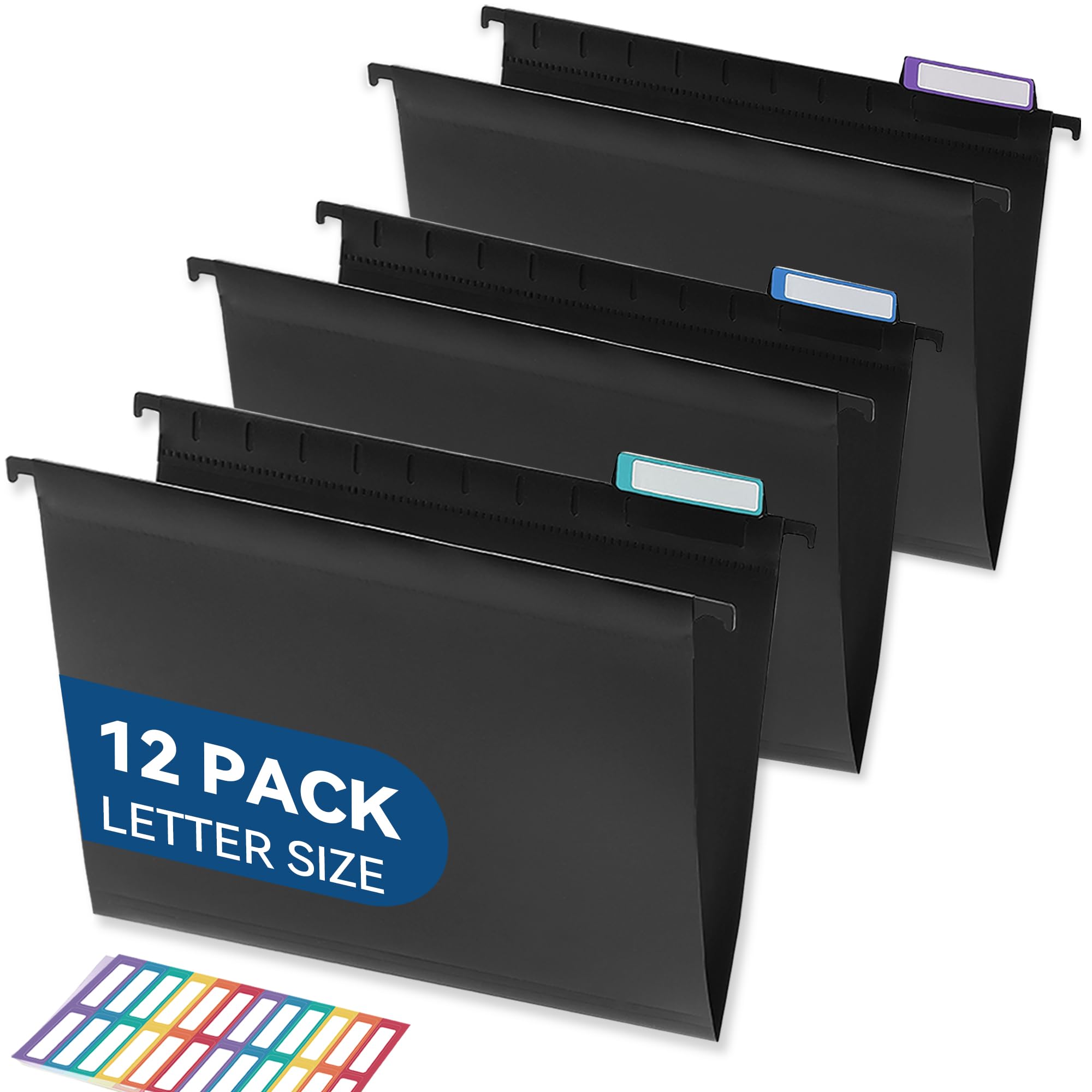 SortRax Plastic Hanging File Folders, Letter Size, 12 Pack Hanging Folders, with Insertable 1/5-Cut Tabs for Filing Cabinets: Matte Black