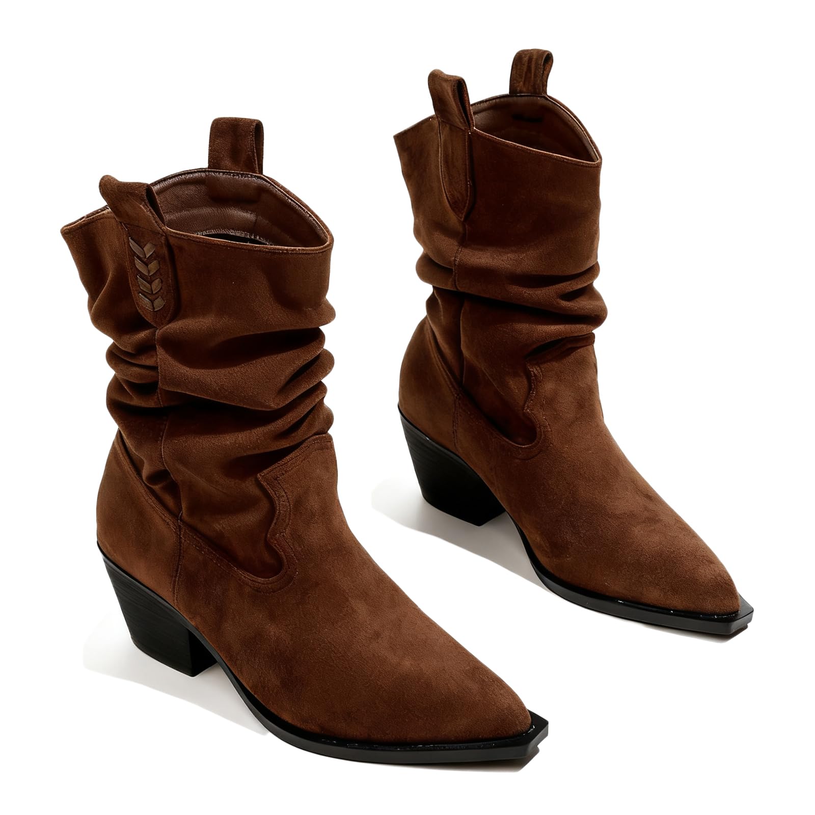 Womens Suede Wrinkles Stacked Block Heel Mid Calf Boots Comfort Pull On Pointed Toe Chunky Heel Western Cowboy