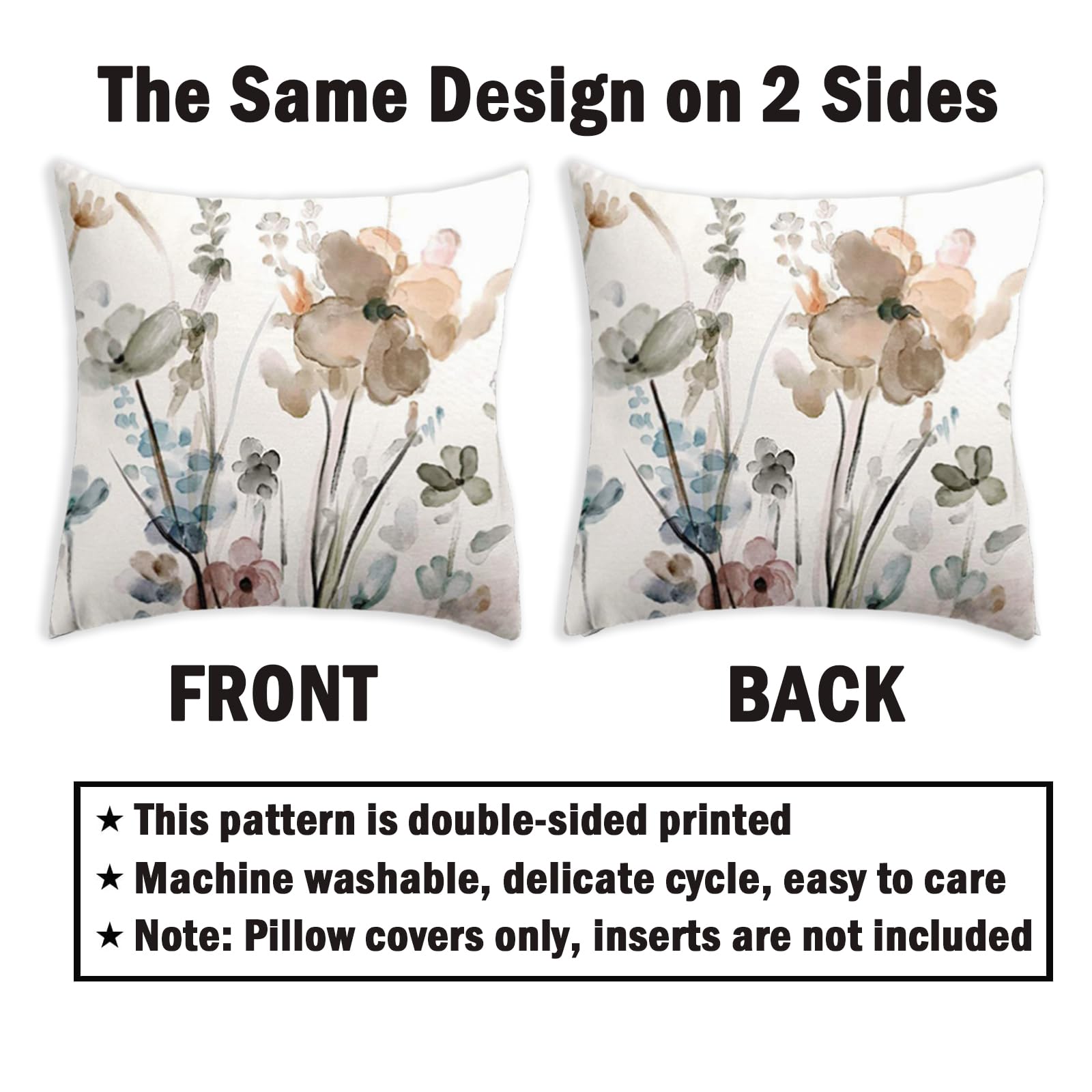 Juego de 2 fundas de almohada florales de 18 x 18 pulgadas, fundas de cojín con diseño de flores de acuarela verde azulado, marrón, crema y gris, fundas decorativas modernas abstractas para 4