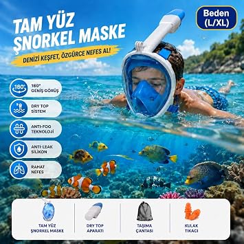 HyMark Tam Yüz Şnorkel Maske (L-XL) Beden Panoramik Görüşlü Deniz Gözlüğü Dry Top Sistem Şnorkel Seti