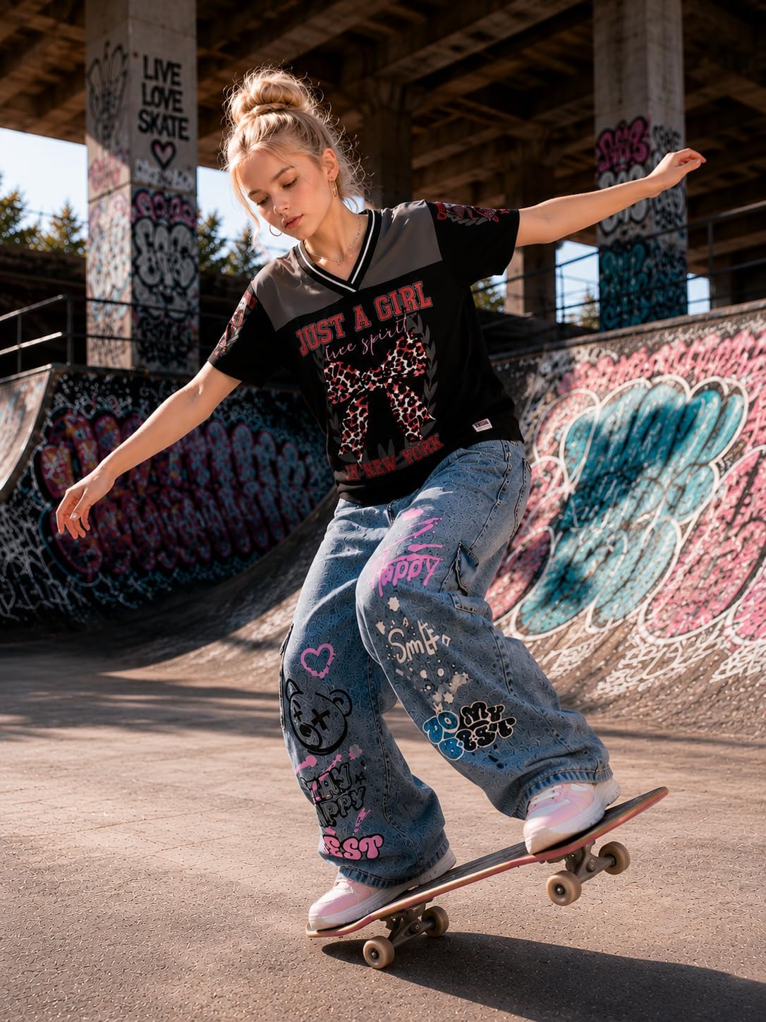 Girls 2 Piece Clothes Set V Neck Graphic Tee and Wide Leg Jeans Casual Streetwear Outfits Size 7-15