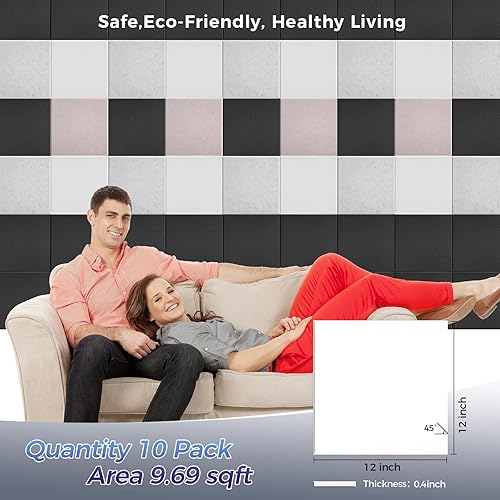 Miniatura 3 de Paquete de 10 paneles acústicos autoadhesivos de microfibra (165 dtex), 12 x 12 x 0.4 pulgadas, espuma de alta densidad en blanca, ideales para