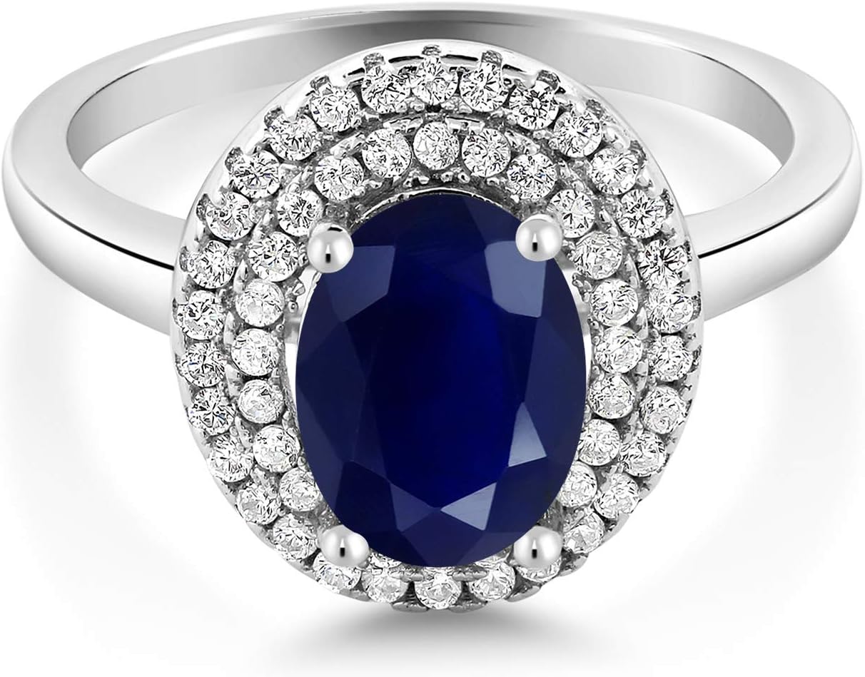 Gem Stone King 925 Sterling Silver 8X6MM Oval Gemstone Birthstone Double Halo Engagement Ring | Wedding Anniversary Promise Ring For Women | Size 5,6,7,8,9