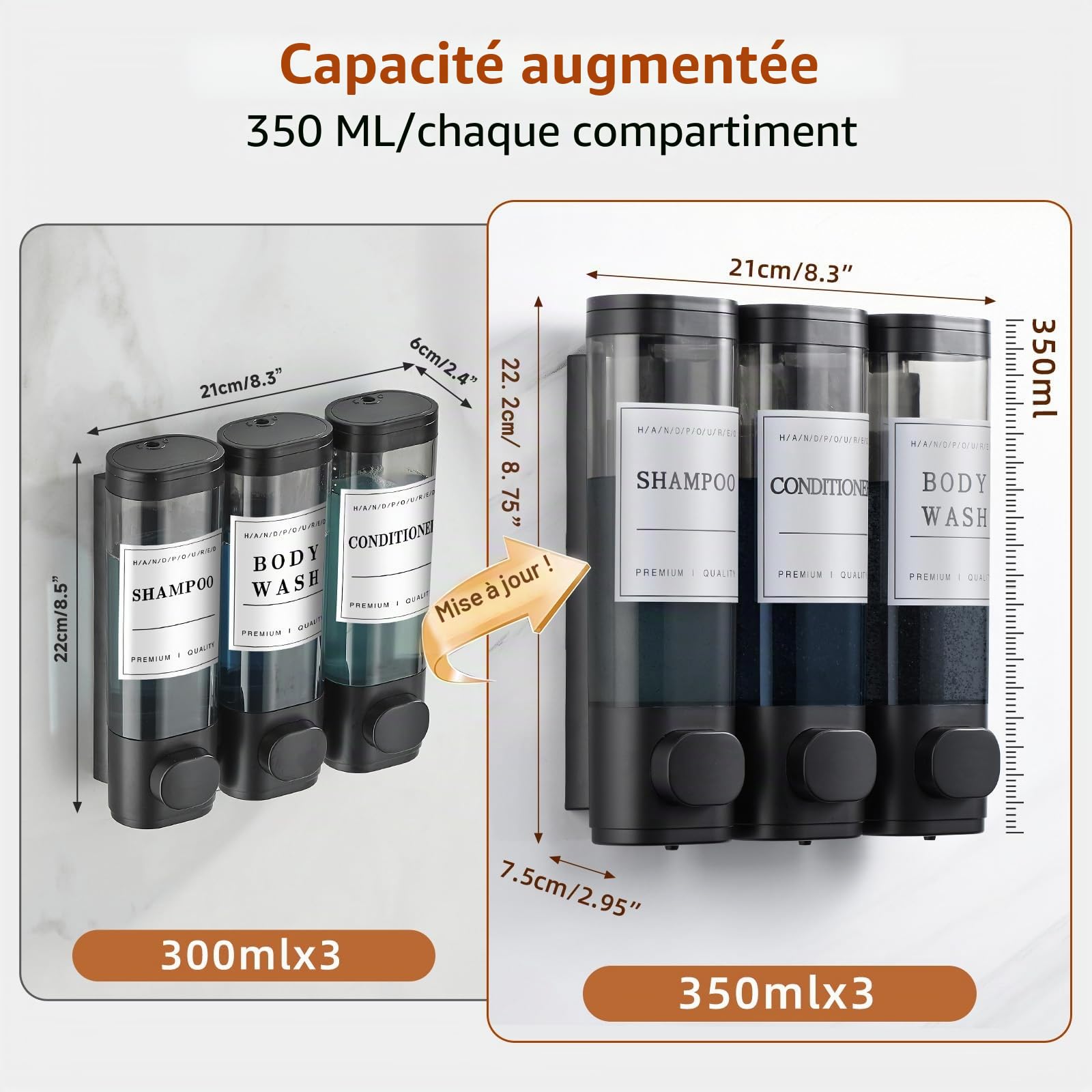 Unisense Distributeur de shampooing et d'après-shampoing, distributeur de savon de douche à 3 chambres, sans perçage, distributeur de shampooing mural pour douche, distributeur de douche mural pour