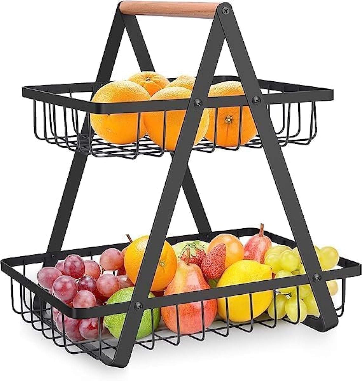Cestino per frutta a 2 ripiani per cucina, bancone, frutta, verdura, snack, supporto organizer, vassoio per pane staccabile in filo metallico
