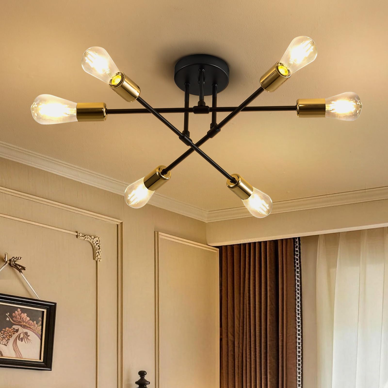 ENCOFT Lampa sufitowa w stylu vintage, industrialna, lampa sufitowa w stylu retro, 6 żarówek, lampa kuchenna, sufitowa, E27, czarno-złota, lampa sufitowa, do sypialni, salonu, biura