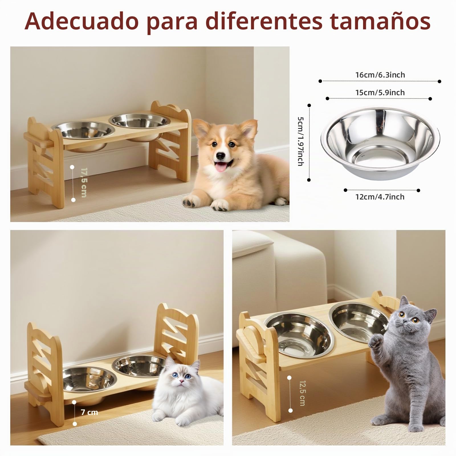 Comedero para perros ajustable en altura, comedero elevado, comederos para perros con soporte de bambú para perros pequeños y gatos, estación de alimentación antideslizante, cuencos de acero