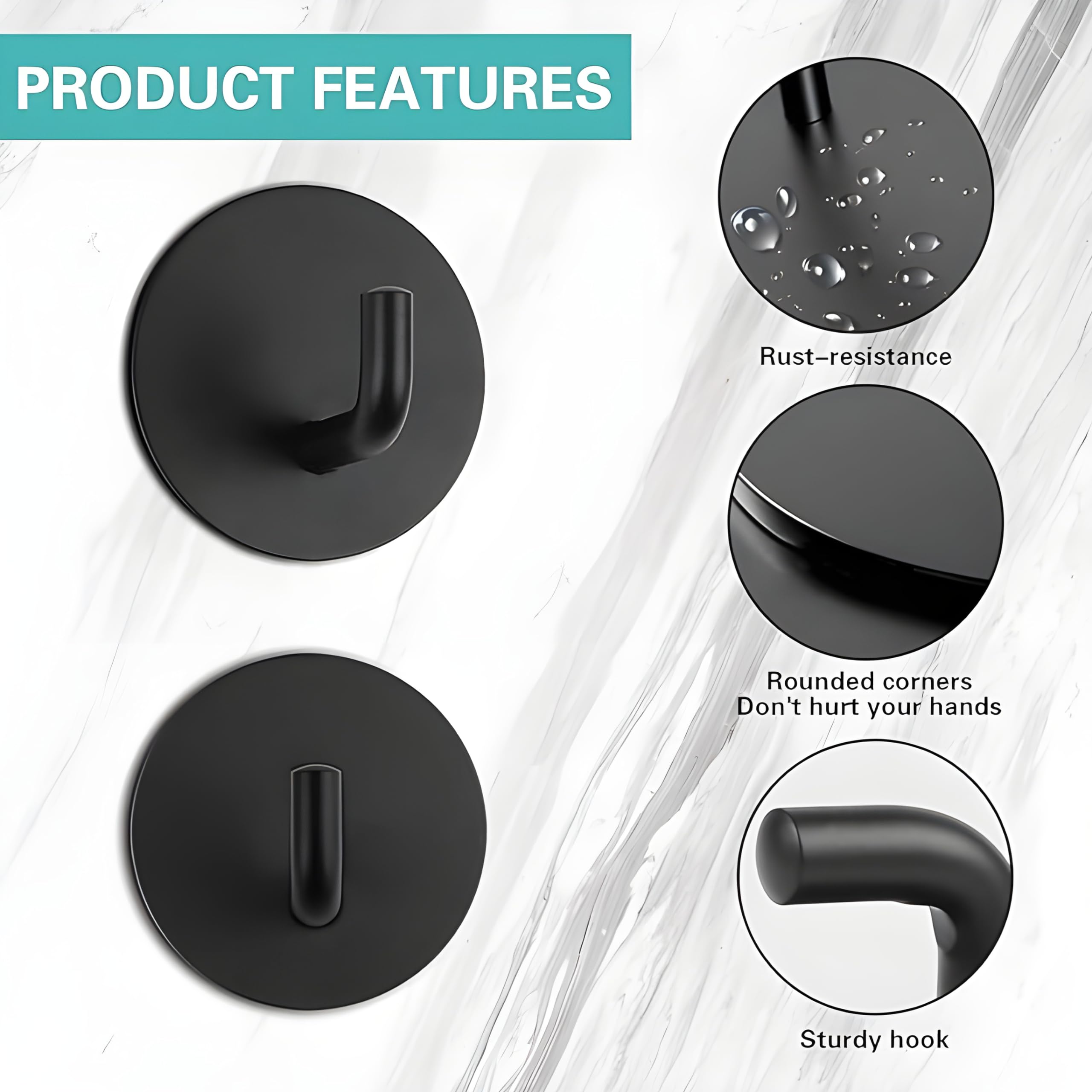 JIALTO 4 pcs Self-Adhesive Stainless Steel Hooks: Heavy-Duty Wall Hangings, Waterproof & Drill-Free - Strong Towel, Coat, and Kitchen Hooks for Bathroom and Kitchen (J Round Black)