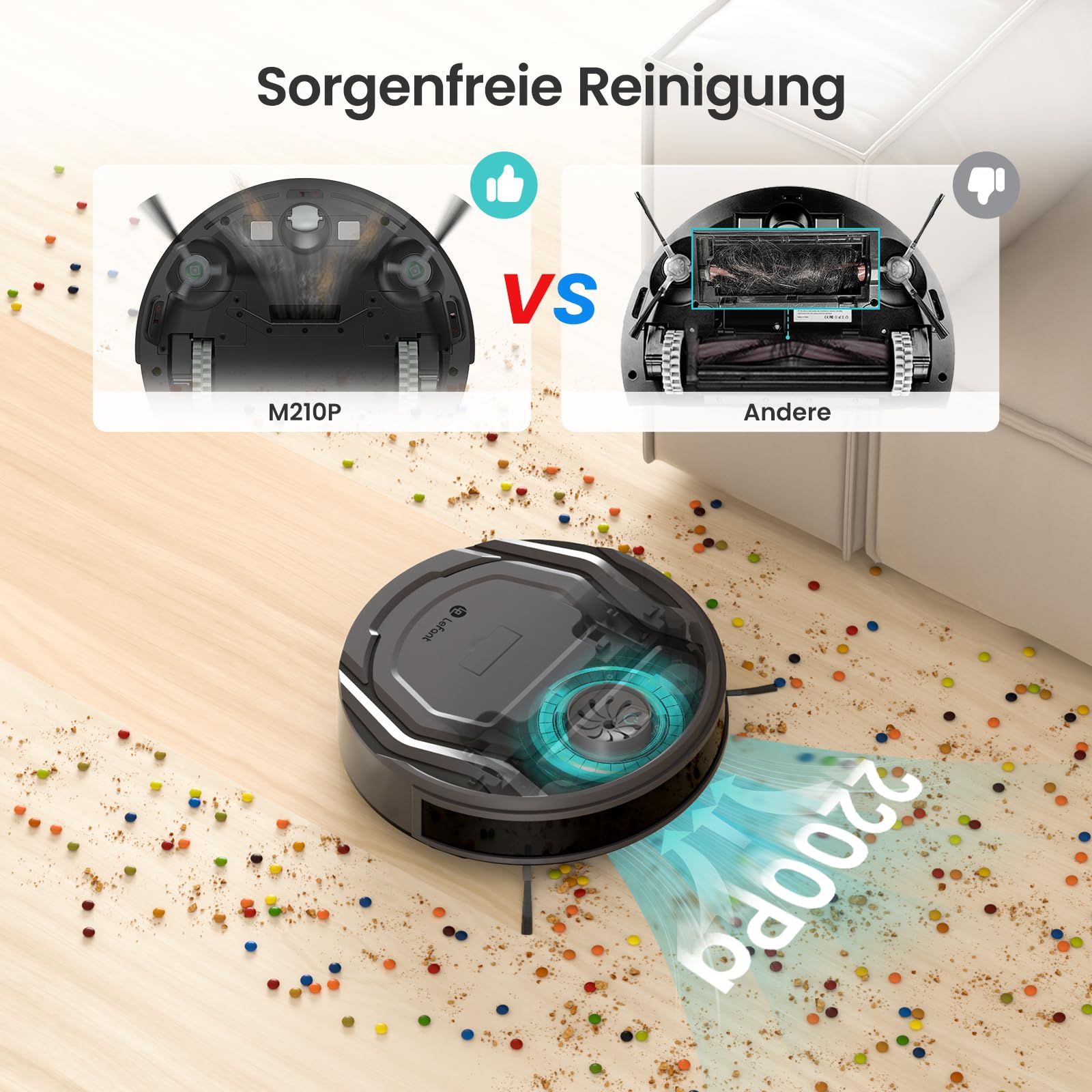 Lefant M210P Saugroboter ohne Wischfunktion, 2200 Pa Saugkraft, 120 Min.Steuerung per WLAN, Bluetooth, Alexa und App, 6 Reinigungsmodi und automatisches Aufladen, ideal für Tierhaare und Harte Böden