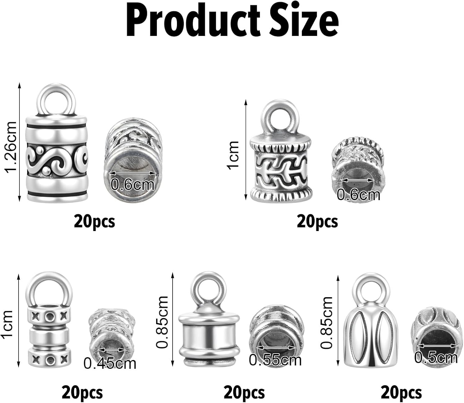 100 PCS Cord End Caps for Jewelry Making, Antique Silver Alloy Crimp Beads End Caps Terminator Ended Tube Tips with Lobster Clasps Jump Rings for DIY Crafts Bracelets & Necklaces (5 Styles) - Image 2