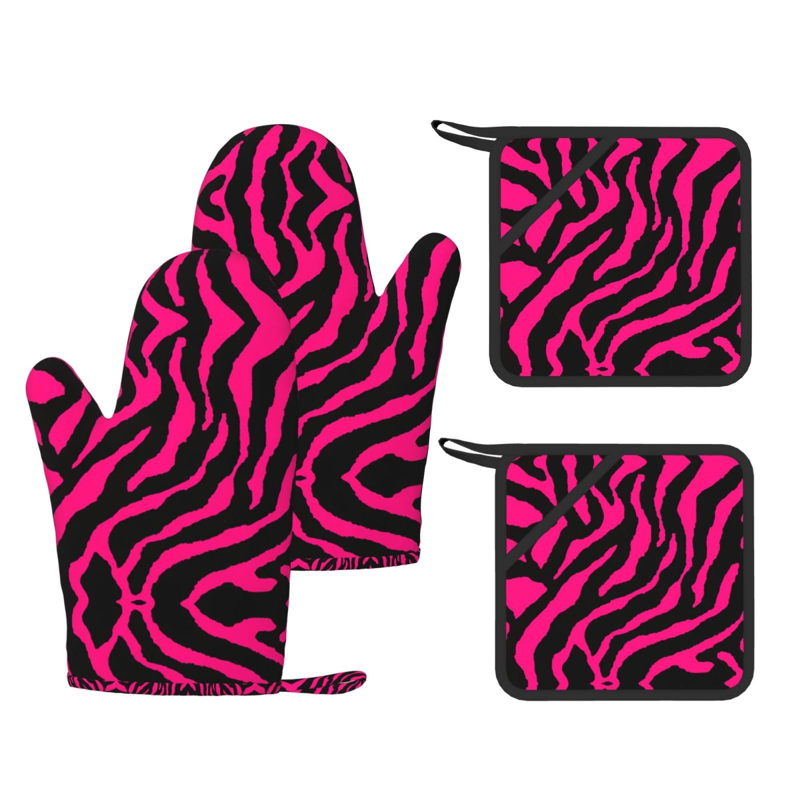 Zebra Tiger Leopard pink Printed Cooking Mitts and Pot Holders 4 Pcs, Heat Resistant Oven Gloves with Hanging Loop Chef